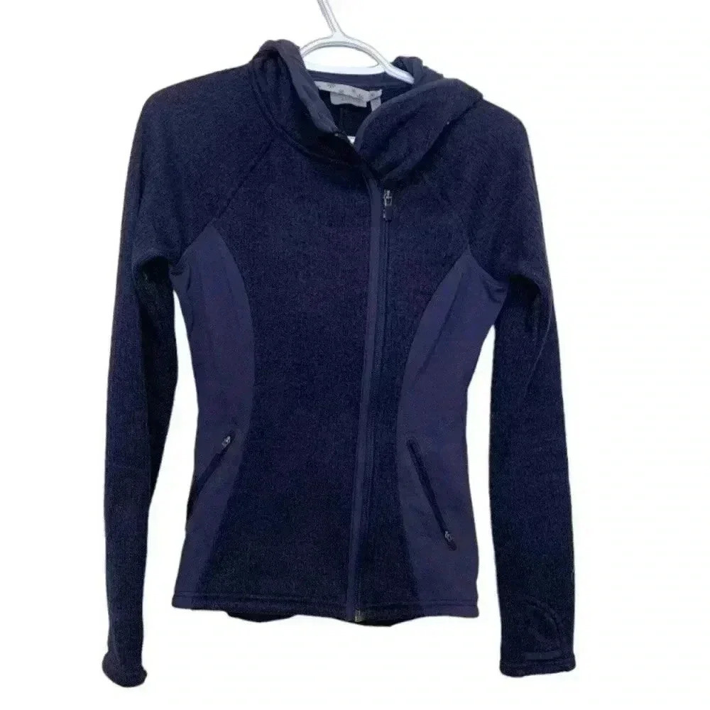 Athleta blue, zip up, fitted, midweight jacket w holes for thumbs, pockets,hood